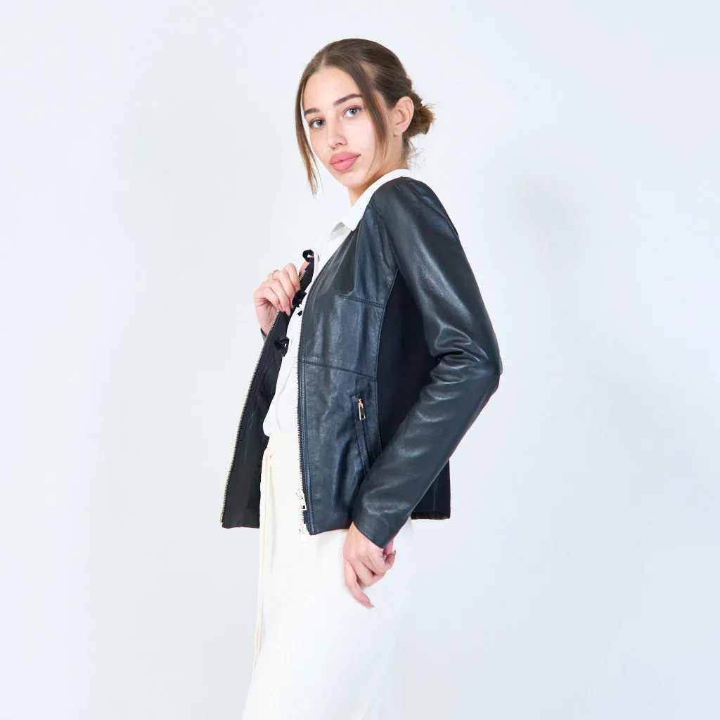 Sleek zip-front leather jacket wholesale