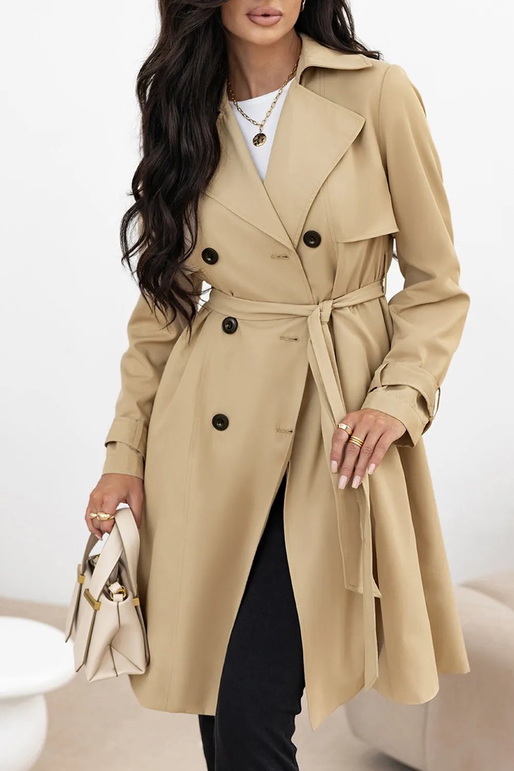 Solid Color Lapel Collar Waist Tie Wind Coat