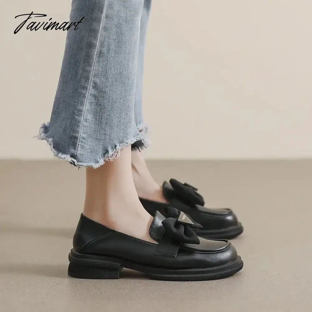 Tavimart spring women's casual leather shoes Ladies Black Loafers bow decoration Retro Style british style Outerwear low heels 41-43 size