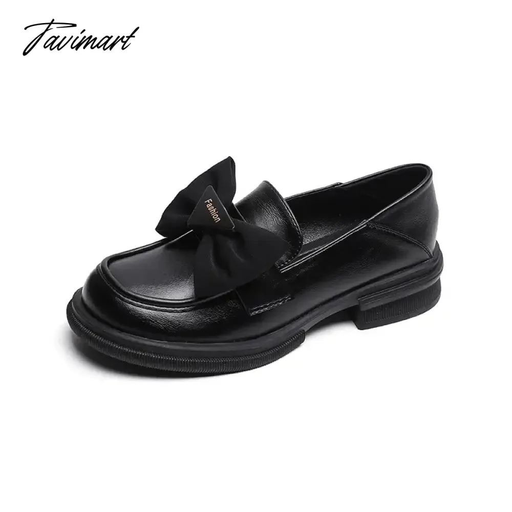 Tavimart spring women's casual leather shoes Ladies Black Loafers bow decoration Retro Style british style Outerwear low heels 41-43 size