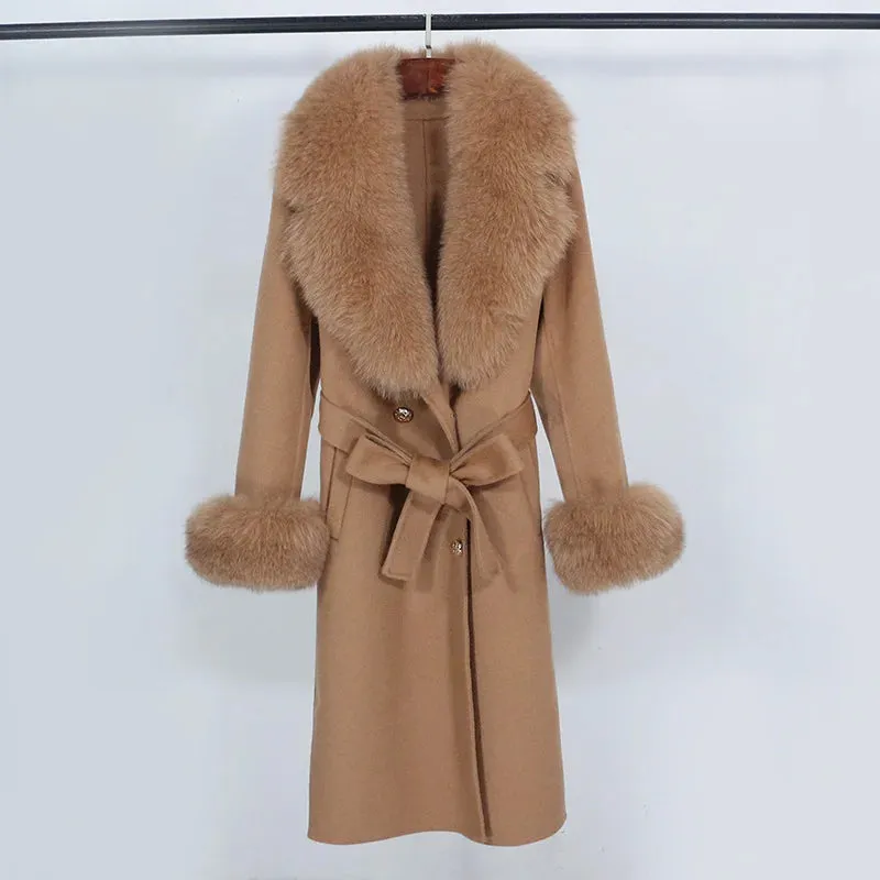 Trend4us Women's Belted Wool Coat with Faux Fur