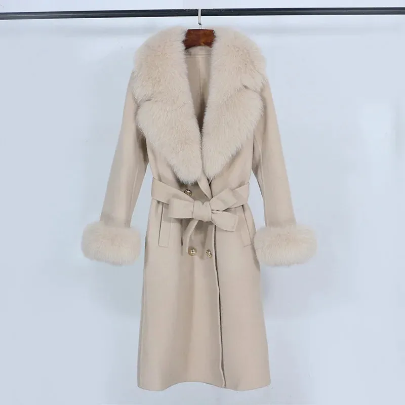 Trend4us Women's Belted Wool Coat with Faux Fur