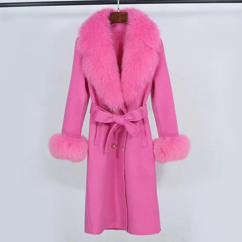 Trend4us Women's Belted Wool Coat with Faux Fur