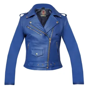 Warrior Gears® Brando Style Ladies Leather Motorcycle Jacket - Blue