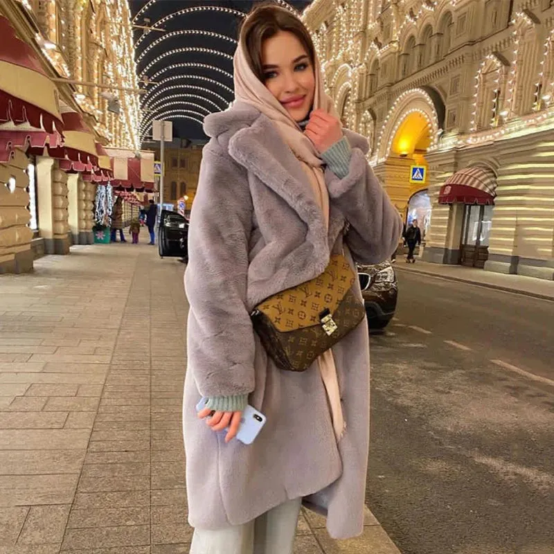 Winter Long Overcoat Women Oversized Lapel Belted Faux Rabbit Fur Coat