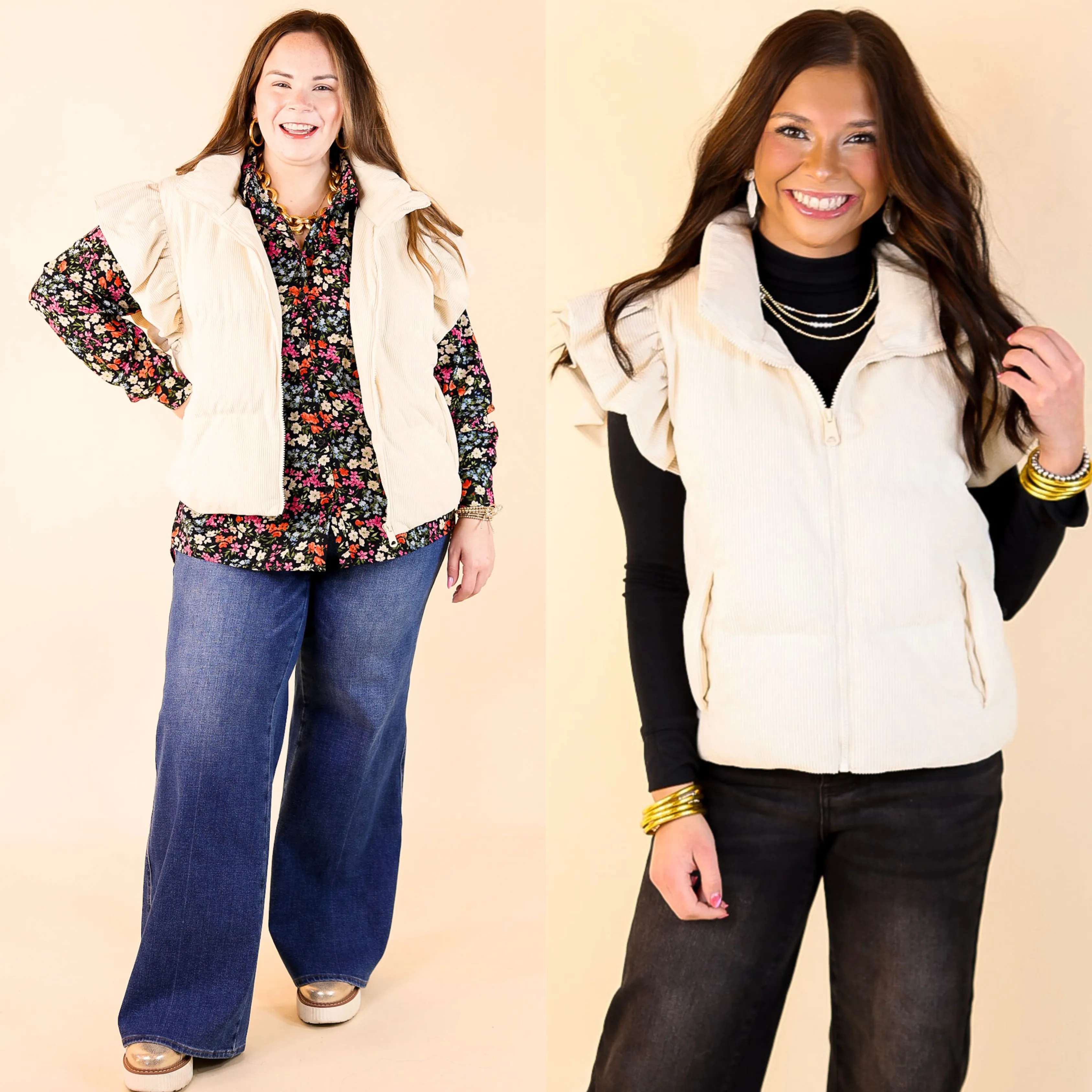 Winter Wanderlust Corduroy Puffer Vest with Ruffle Sleeves in Cream