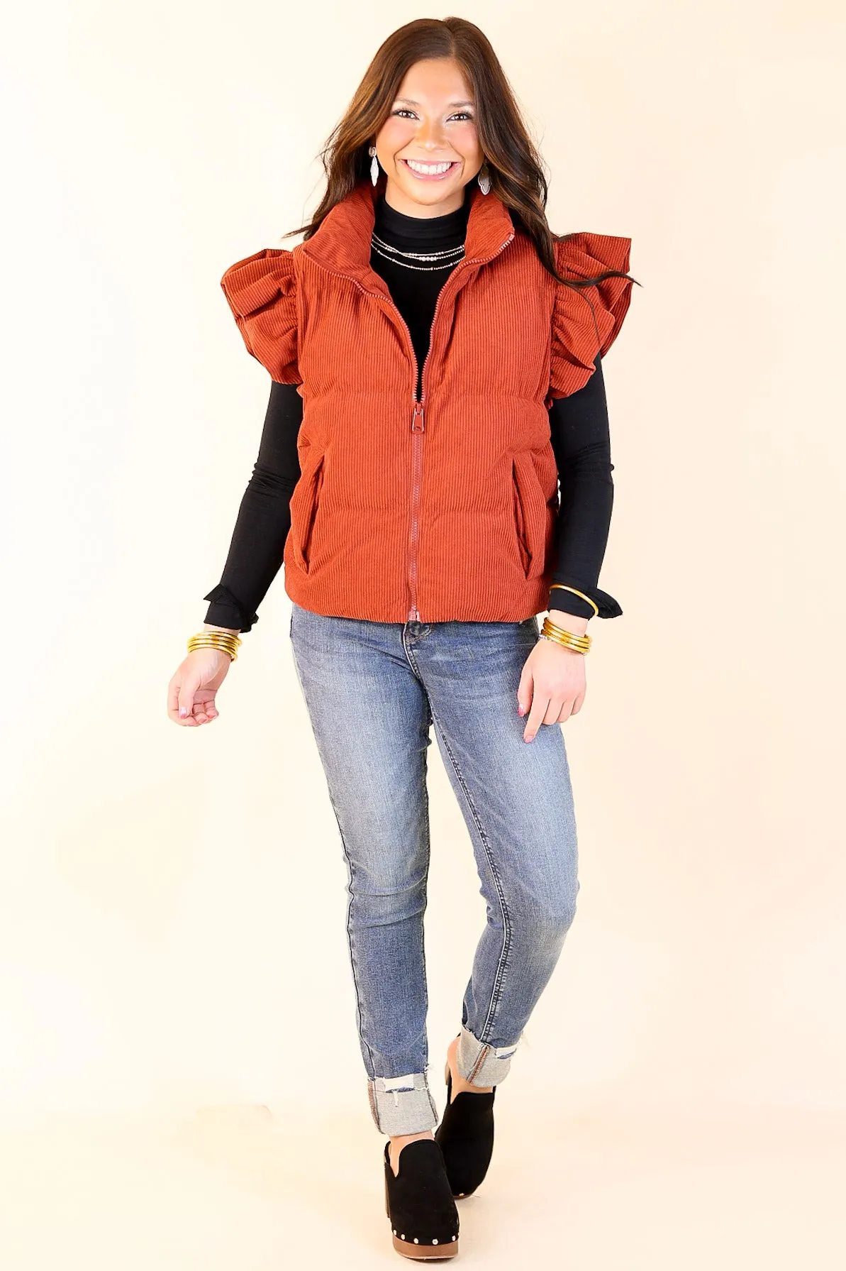 Winter Wanderlust Corduroy Puffer Vest with Ruffle Sleeves in Rust Red