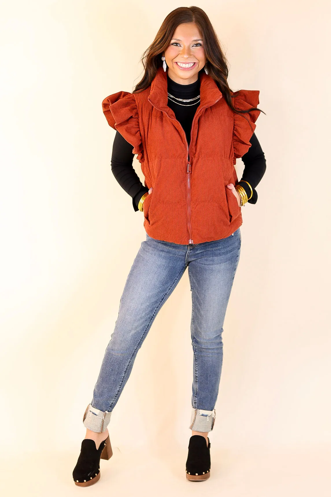 Winter Wanderlust Corduroy Puffer Vest with Ruffle Sleeves in Rust Red