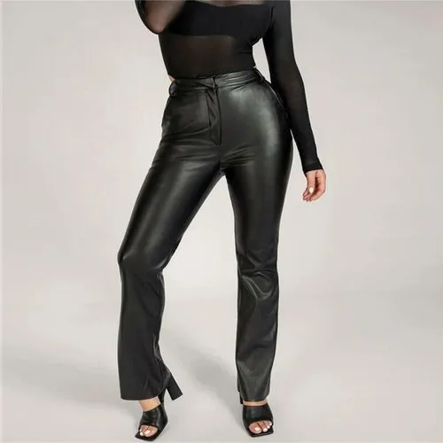 Women PU Leather Button Slim Pants Autumn High Waist Sexy