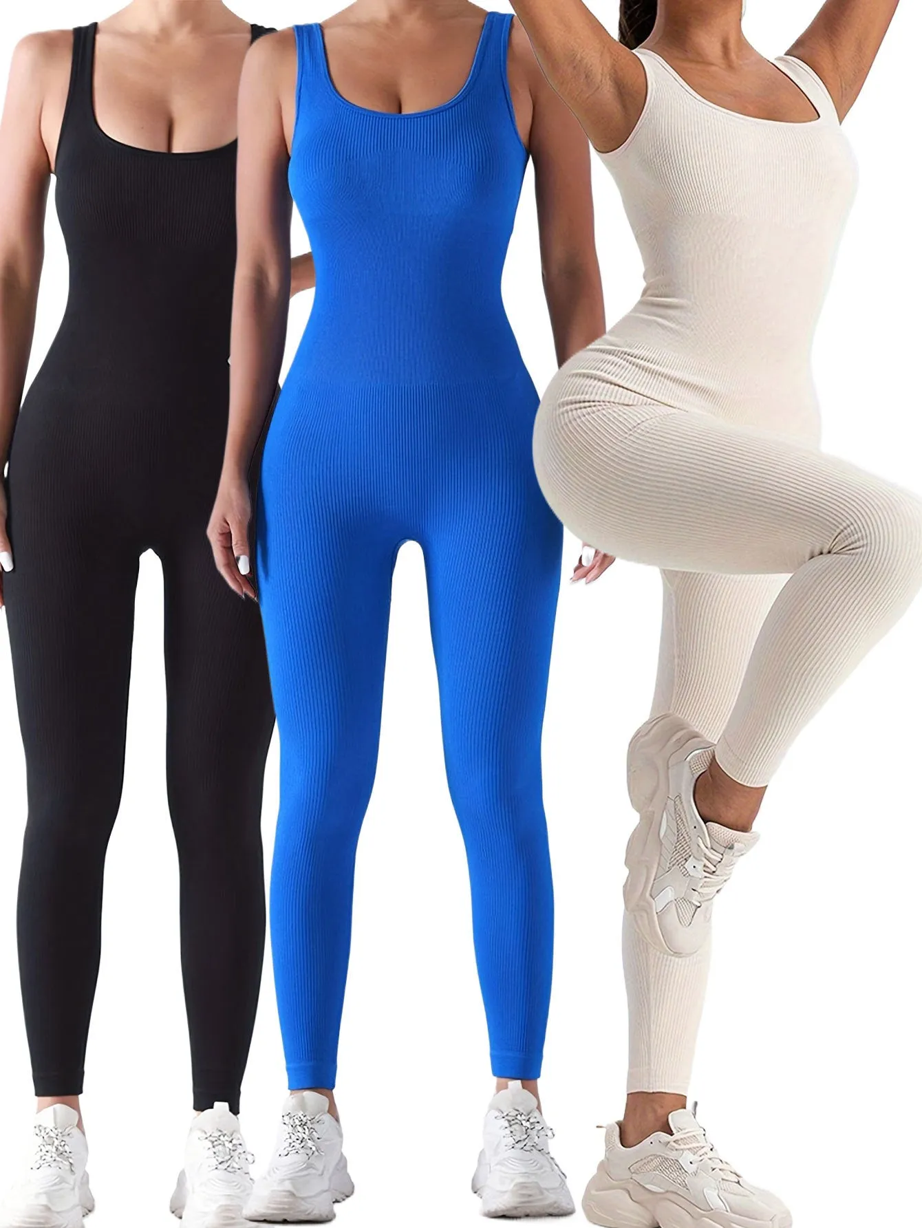 Women's 3 pk Ribbed Solid Color One-Piece Full Length  Activewear Jumpsuit