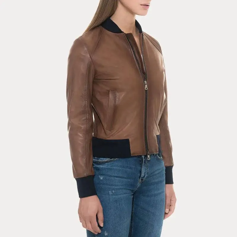 Women's Sugar Brown Lambskin Soft Leather Bomber Jacket