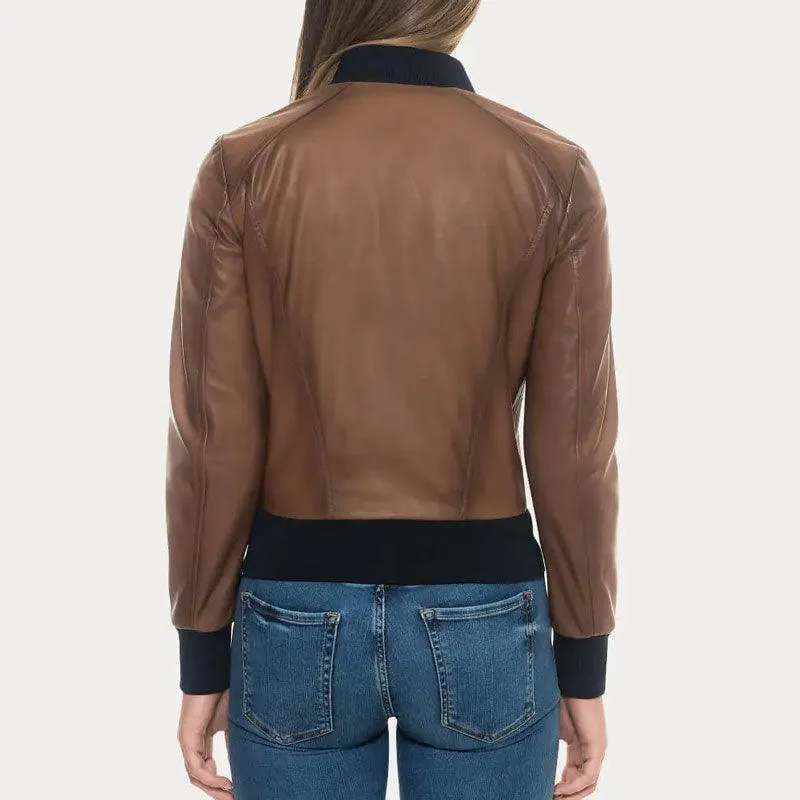 Women's Sugar Brown Lambskin Soft Leather Bomber Jacket