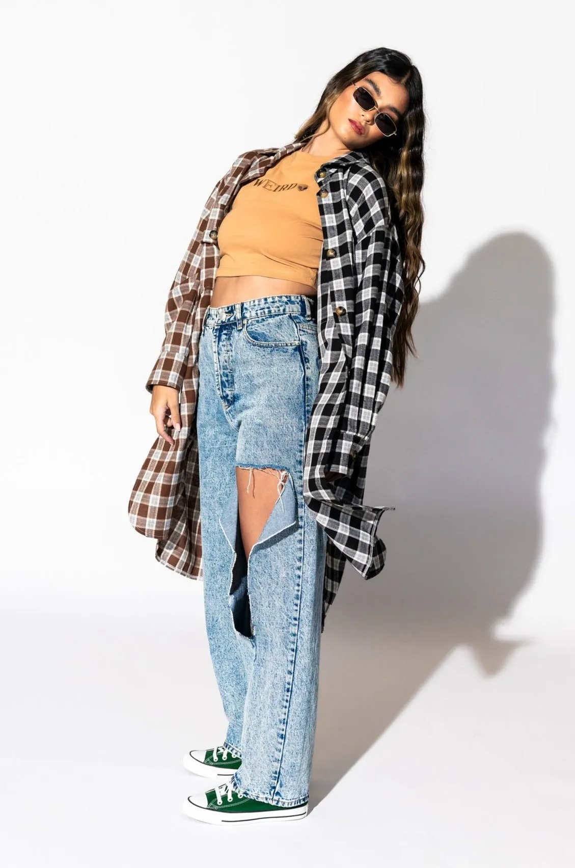 Zuri Oversized Grunge Flannel in Half   Half Mocha and Black