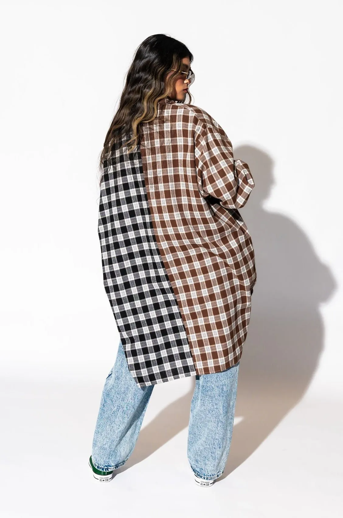 Zuri Oversized Grunge Flannel in Half   Half Mocha and Black