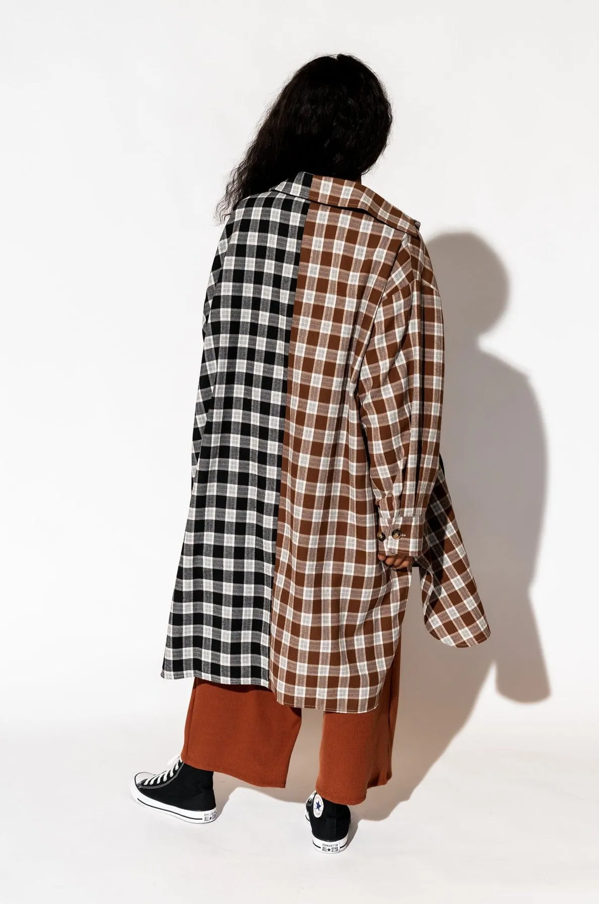 Zuri Oversized Grunge Flannel in Half   Half Mocha and Black